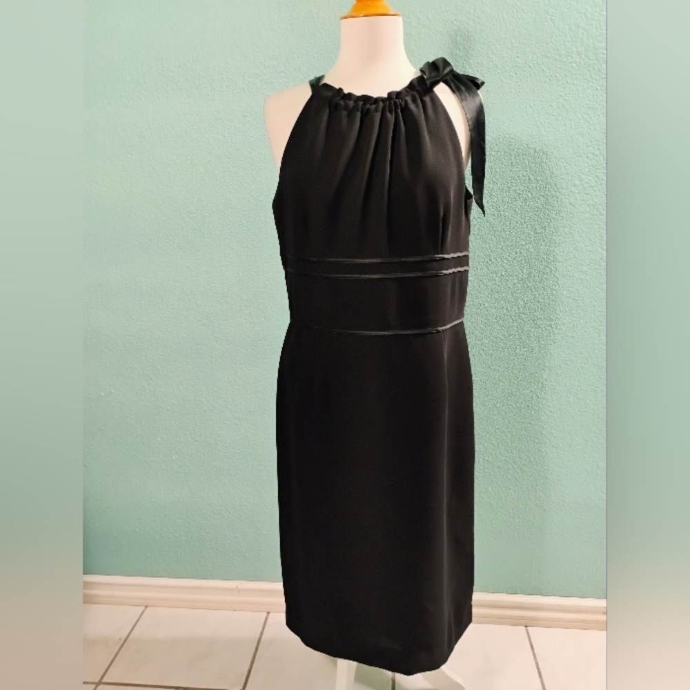 Ann Taylor Sz 14 Black Sleeveless Sheath Dress Neckline Tie